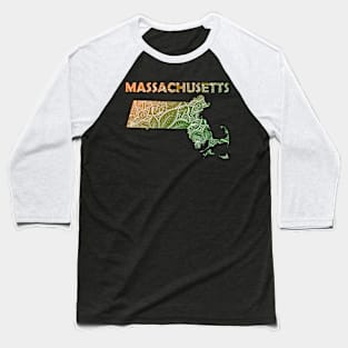 Colorful mandala art map of Massachusetts with text in green and orange Baseball T-Shirt